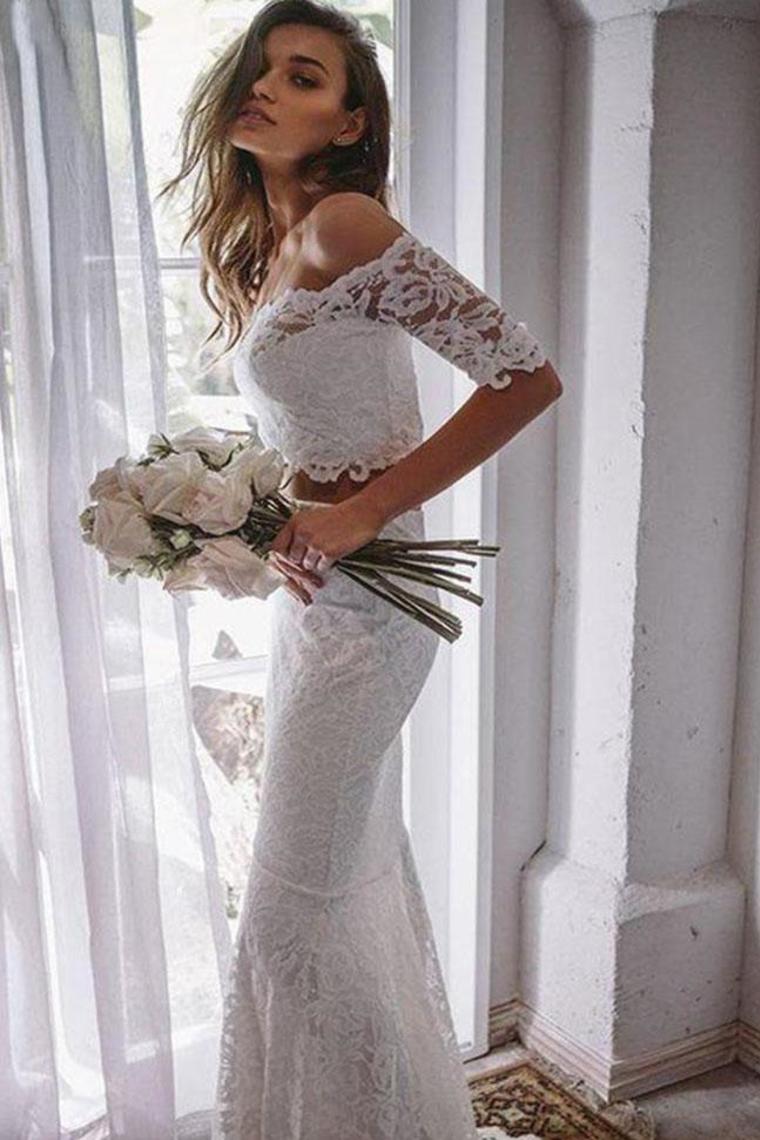 Two Pieces Ivory Lace Mermaid Off The Shoulder Wedding Dresses Beach Wedding SJSPY4YB198