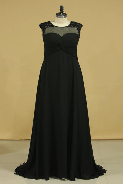 2024 Plus Size Black Evening Dresses A Line Scoop Cap Sleeves Chiffon With Applique And Beads