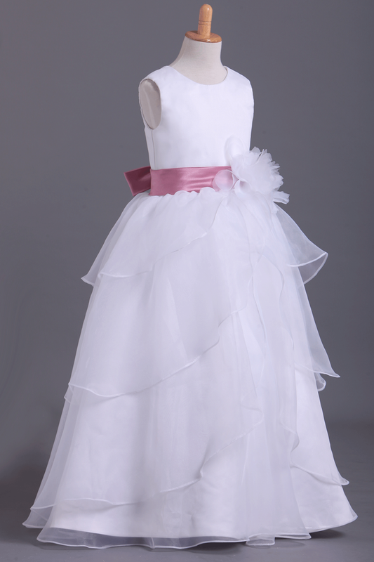 White Flower Girl Dresses Ball Gown Scoop Floor Length Organza