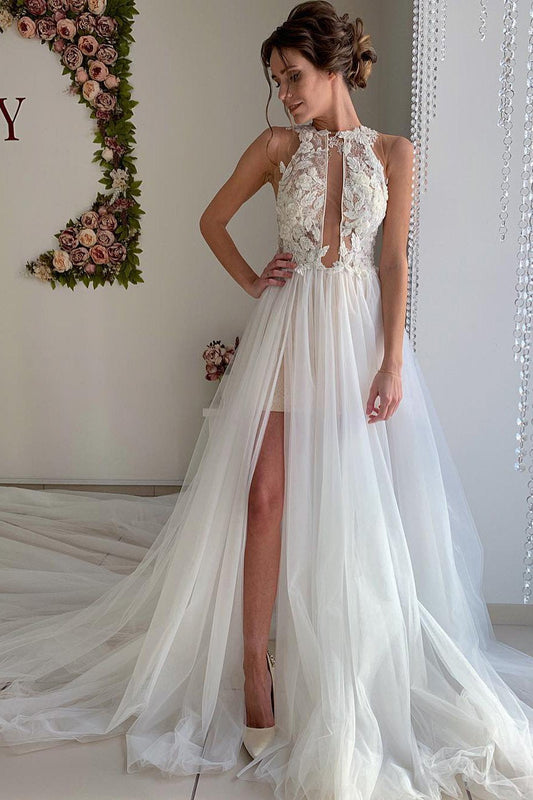 A Line Appliques Ivory Open Back Wedding Dresses, Long Beach Bridal Dresses SJS14990