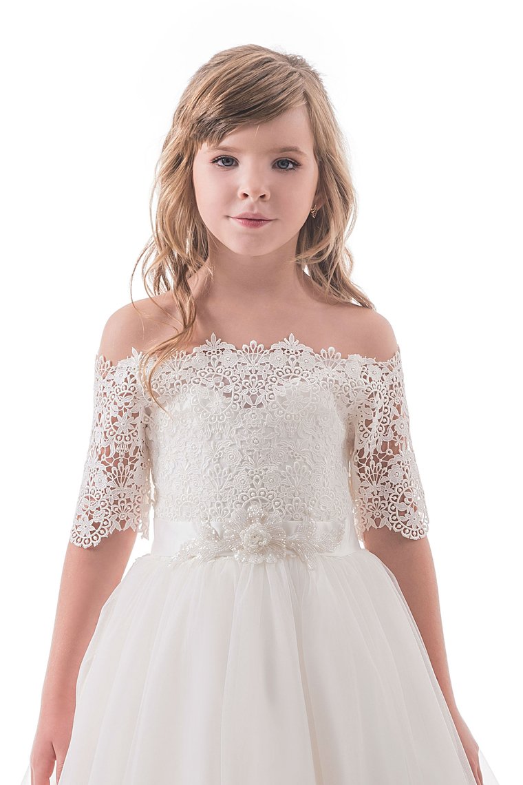 Boat Neck Mid-Length Sleeves A Line Tulle With Applique Flower Girl Dresses