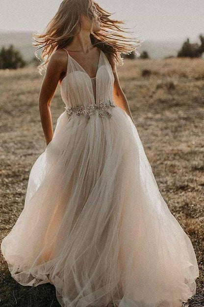 Spaghetti Straps Tulle Deep V-Neck Wedding Dresses, Romantic Bohemian Beach Bridal Dress SRS15421