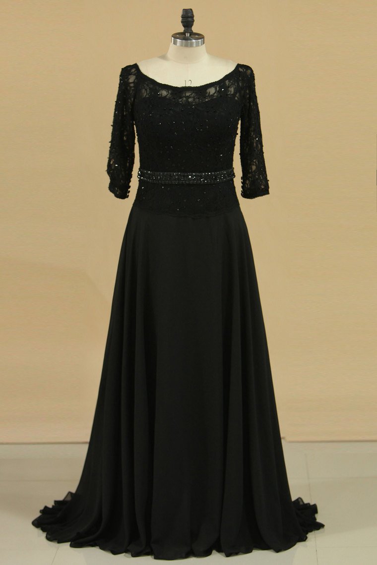 Black Mother Of The Bride Dresses 3/4 Length Sleeve A Line Chiffon Lace Sweep Train