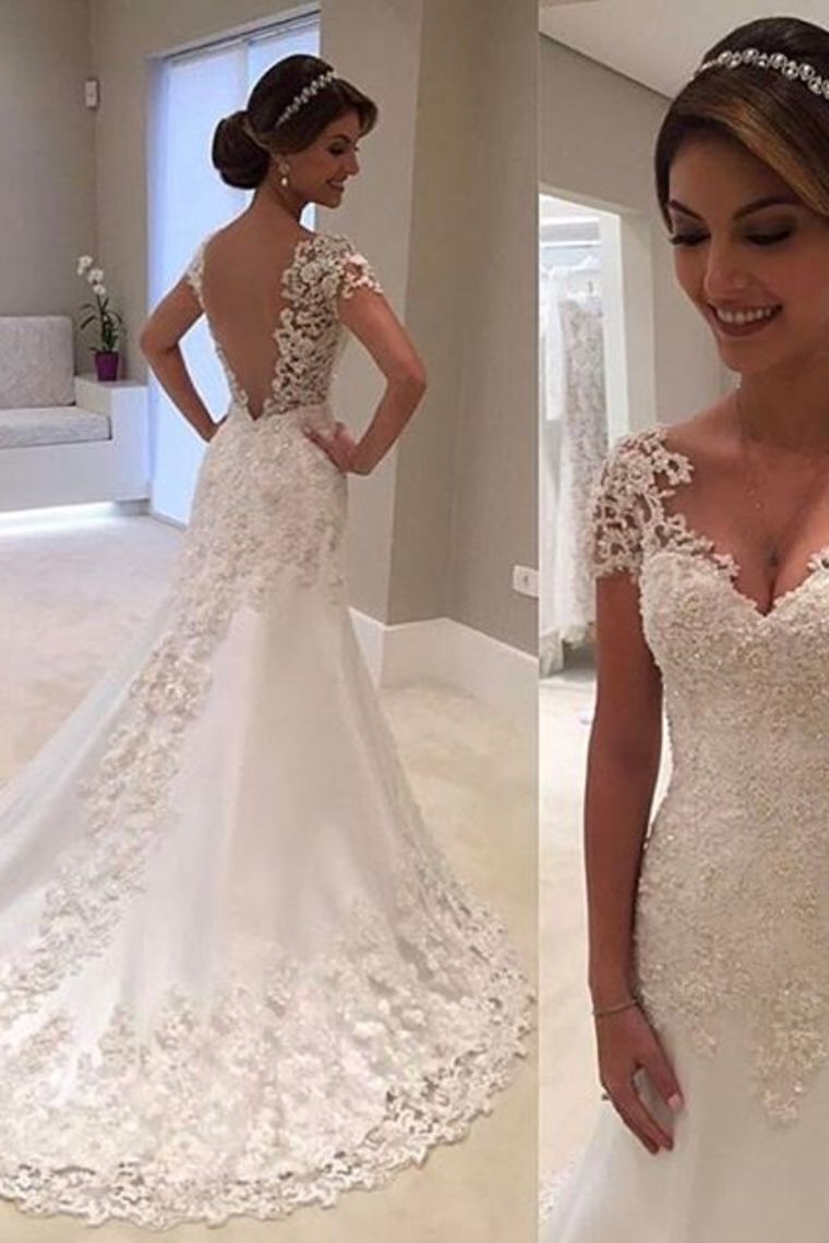 2024 New Arrival Mermaid/Trumpet V-Neck Tulle Wedding Dresses With Applique Short Sleeves