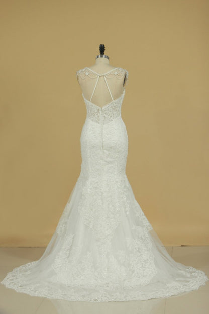 2024 Spaghetti Straps Mermaid Wedding Dresses Tulle With Applique And Beads