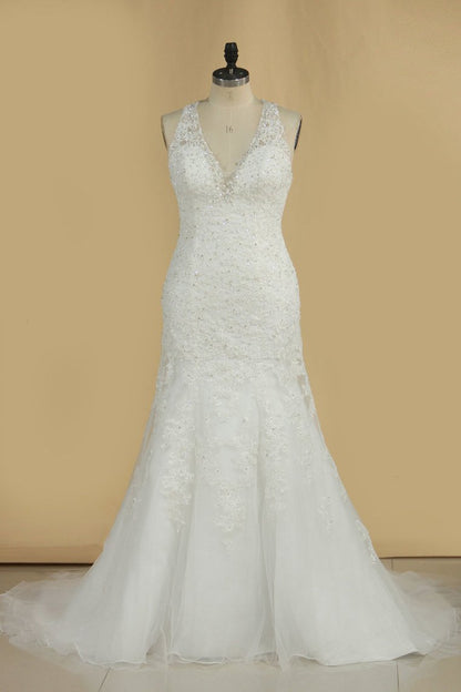 2024 Wedding Dresses V Neck Organza With Applique And Beads Mermaid