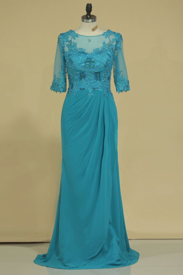 2024 Scoop With Applique & Beads Mother Of The Bride Dresses Chiffon Mid-Length Sleeves