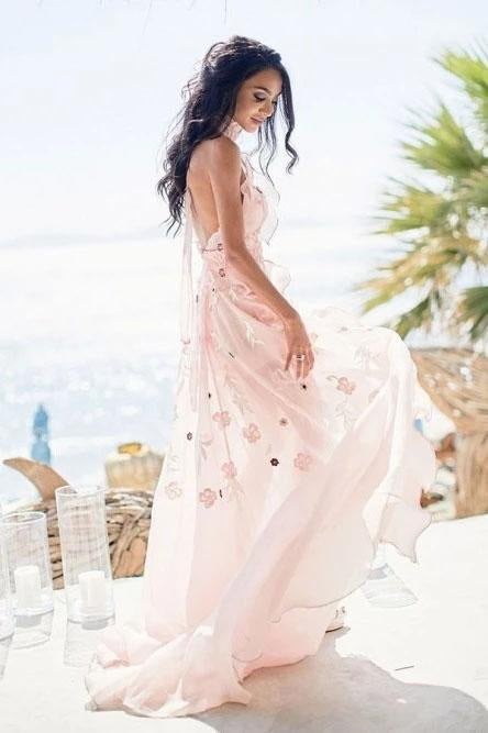 Boho Halter Backless Light Pink Chiffon Beach Wedding Dresses with Appliques Ruffles SRS15082