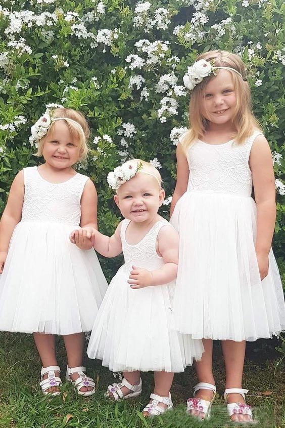 Cute A Line Lace Round Neck White Flower Girl Dresses with Tulle, Baby Dresses SJS15134