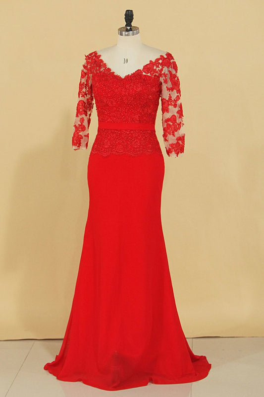 2024 Red V Neck 3/4 Length Sleeve Mother Of The Bride Dresses Chiffon With Applique