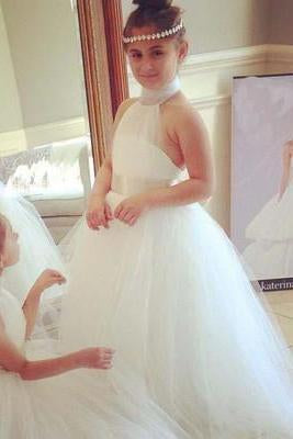 Halter Cute Tulle Fluffy Backless White Flower Girl Dresses with Belt Baby Dresses