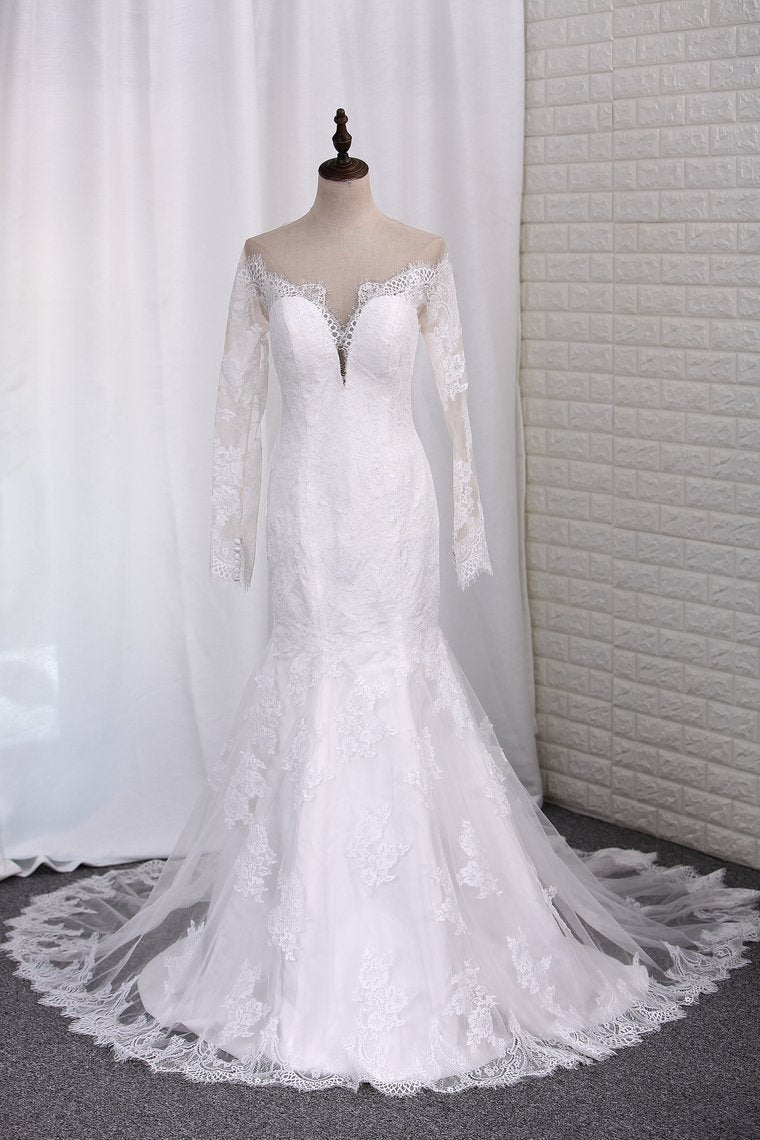 2024 Wedding Dresses Long Sleeves Scoop Mermaid Tulle With Applique