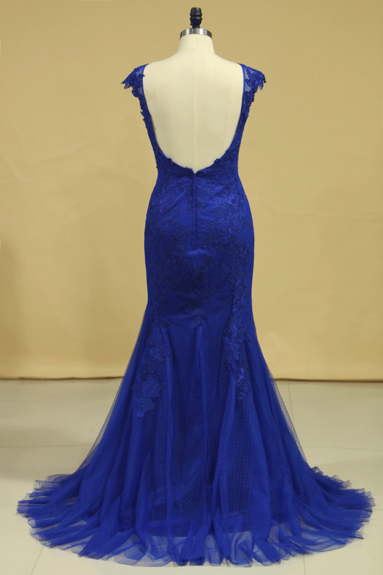 Plus Size Mermaid Open Back Evening Dresses Bateau Tulle With Applique Dark Royal Blue