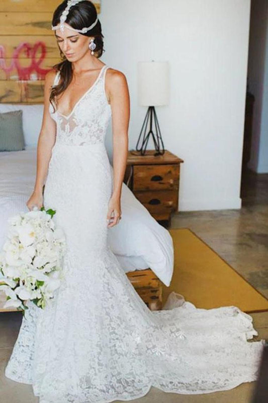 Romantic Deep V Neck Sleeveless Lace Wedding Dress Mermaid Wedding Dresses With SRSP2NSHCG1