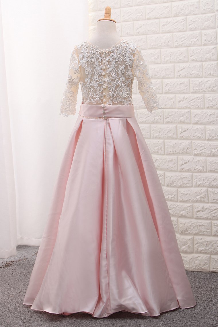 Scoop Mid-Length Sleeve Satin A Line Flower Girl Dresses With Applique Floor-Length