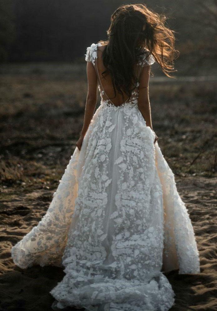 A Line Ivory V Neck Country Wedding Dresses with Appliques, Beach Wedding Gowns SJS15548