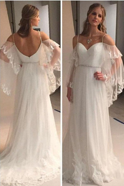 A Line Spaghetti Straps Sweetheart Lace Illusion Sleeves Backless Beach Wedding Dresses