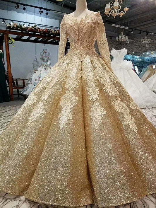 Ball Gown Gold Long Sleeves Lace Appliques Sequins Open Back Beads Quinceanera Dresses JS894