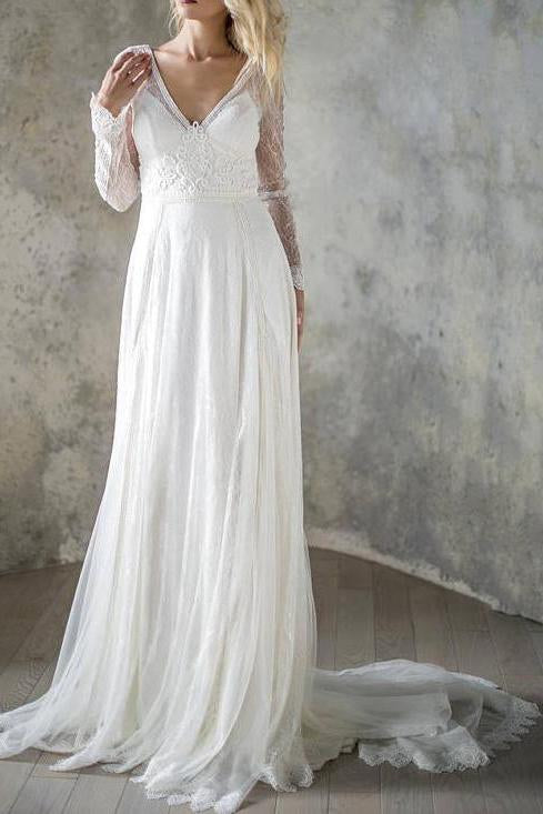 Elegant A Line V Neck Long Sleeve Ivory Lace Backless Beach Boho Wedding Dresses JS872