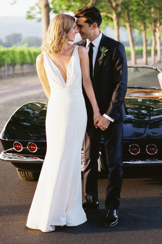 Elegant Sheath V Neck Off White Wedding Dresses, Simple Beach Wedding Gown