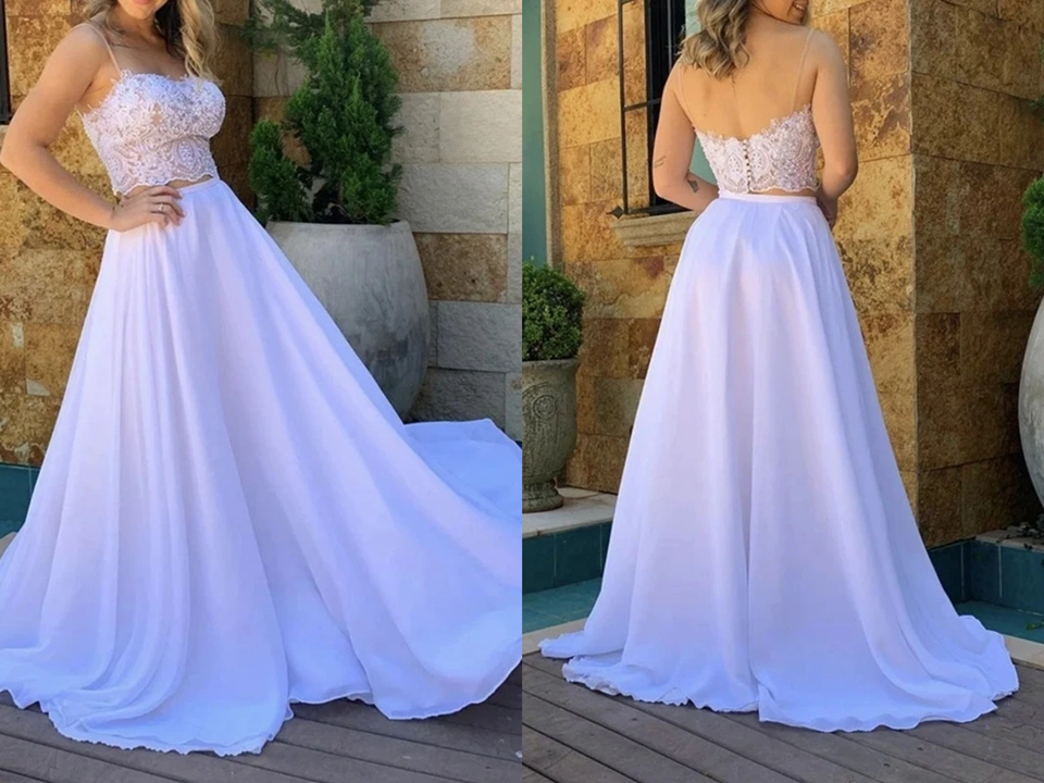 Simple Flowy Long Two Pieces Lace Chiffon Beach Wedding Dresses