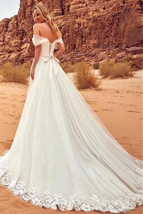 Charming Off The Shoulder Tulle Long Beach Wedding Dress,White Women Bridal Gown for Sale