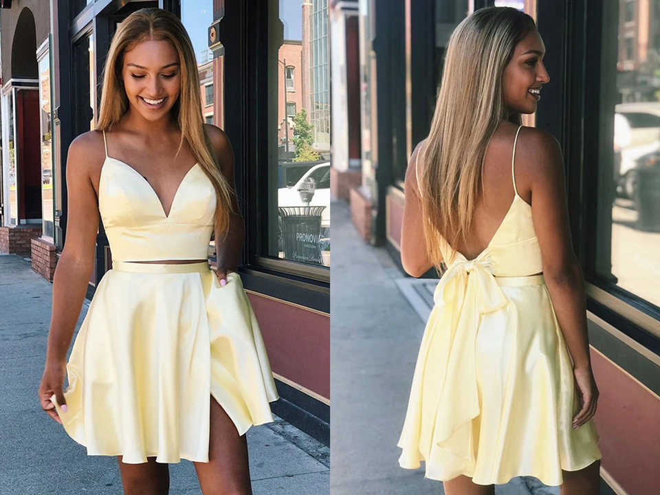 Two Pieces A Line V Neck Backless Yellow Short Prom Dresses Homecoming Dresses with Slit,cocktail dress