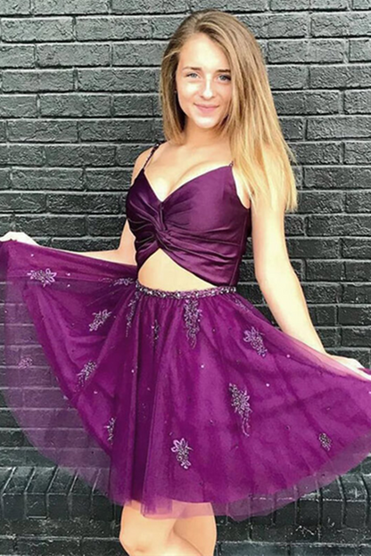 Two Pieces Purple Tulle Homecoming Dress with Beadings, Party Dress