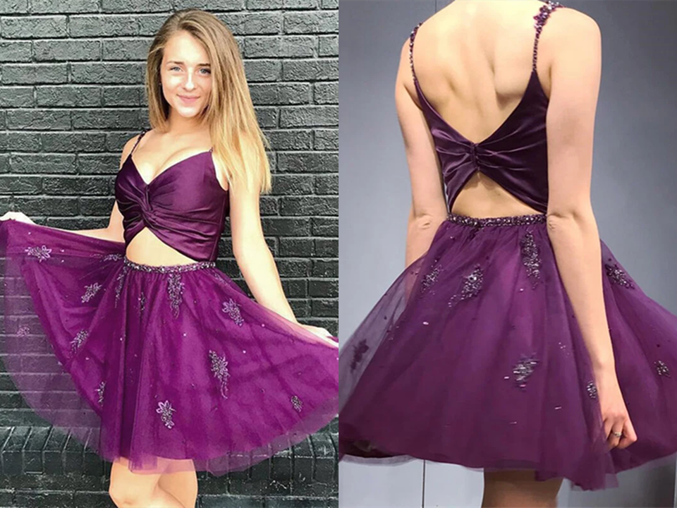 Two Pieces Purple Tulle Homecoming Dress with Beadings, Party Dress