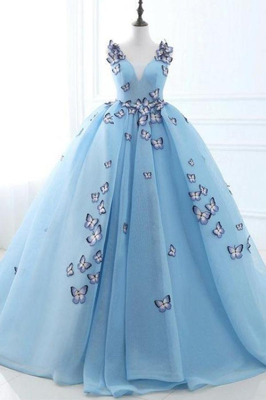 Ball Gown Long Sky Blue Butterfly V Neck Appliques Lace up Prom Quinceanera Dresses JS848