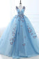 Ball Gown Long Sky Blue Butterfly V Neck Appliques Lace up Prom Quinceanera Dresses JS848