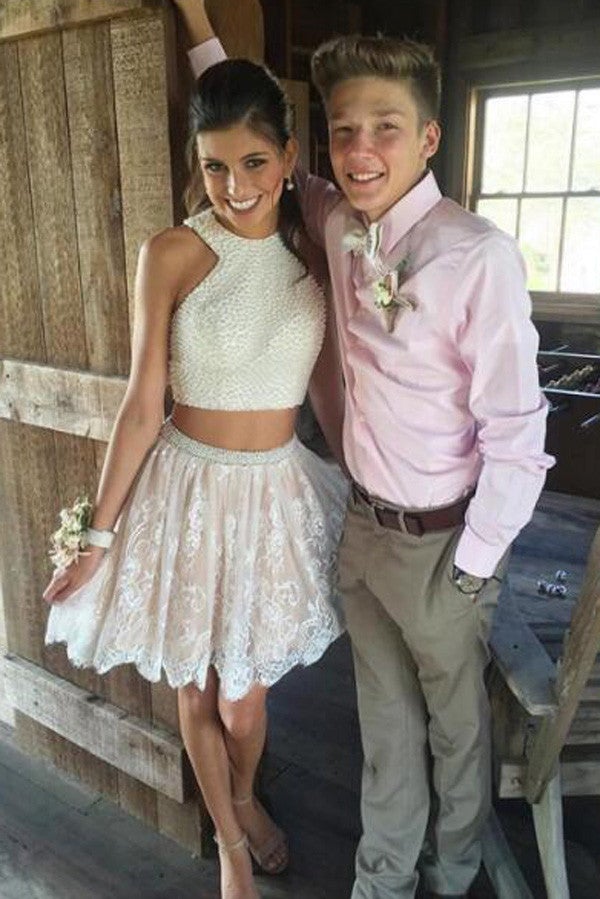 Two Piece Short White Lace Prom Dress with Pearls,Short Homecoming Dresses