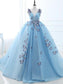 Ball Gown Long Sky Blue Butterfly V Neck Appliques Lace up Prom Quinceanera Dresses JS848