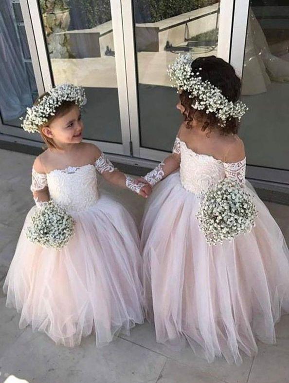 Cute Off the Shoulder Long Sleeve Pink Lace Appliques Tulle Flower Girl Dresses JS289