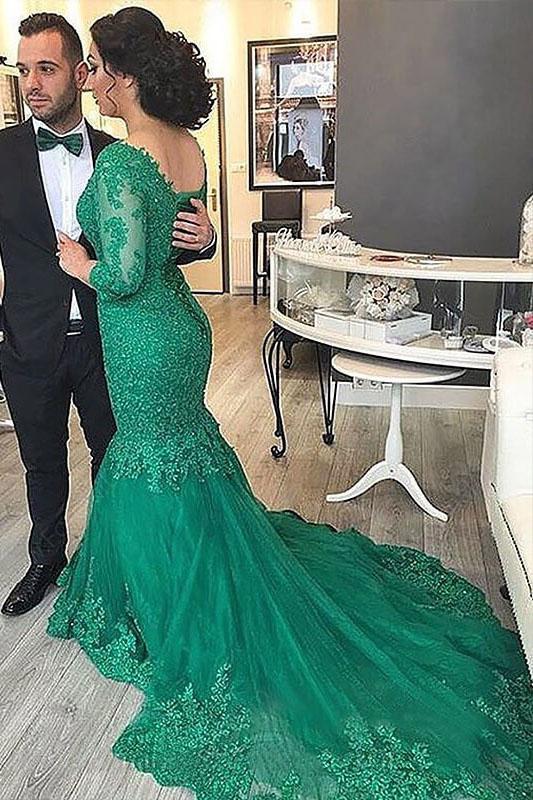 Sexy Green Mermaid V Neck Tulle Applique 3/4 Sleeves Sweep Train Plus Size Prom Dresses JS163