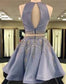 Unique Two Pieces Rhinestone Halter Open Back Short Party Dress Homecoming Dresses JS916