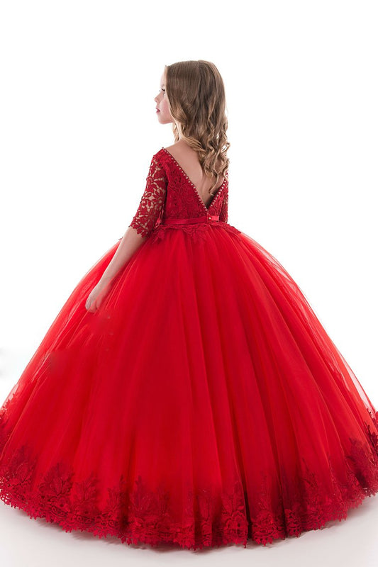 New Arrival Scoop Ball Gown Flower Girl Dresses Mid-Length Sleeves Tulle