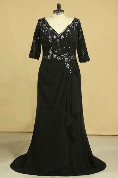 2024 Plus Size Black V Neck Mother Of The Bride Dresses With Beads And Applique Chiffon