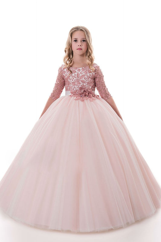 Tulle Scoop Flower Girl Dresses Ball Gown Mid-Length Sleeves With Sash