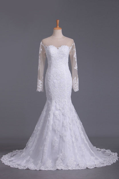 2024 Wedding Dresses Mermaid Scoop Long Sleeves Tulle With Applique Court Train