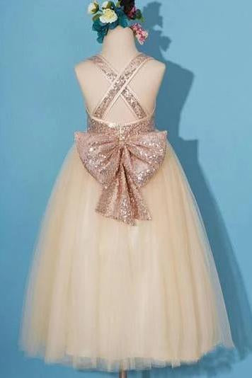 Princess Gold Sequin Shiny Round Neck Flower Girl Dresses with Bowknot, Baby Dresses SJS15589