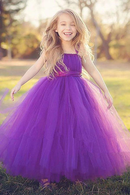 Princess Purple Ball Gown Square Neck Layers Tulle Flower Girl Dresses, Bowknot Baby Dresses SRS15304