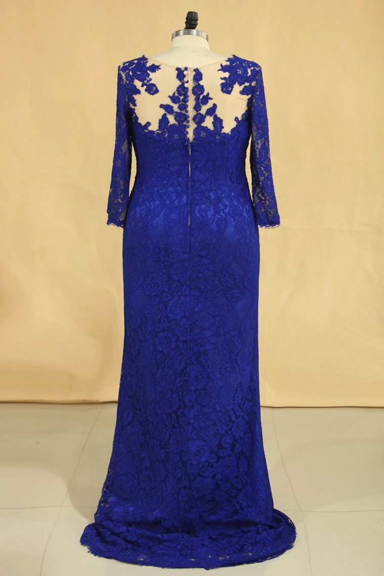 2024 Plus Size Mother Of The Bride Dresses Scoop 3/4 Length Sleeve Lace With Applique Dark Royal Blue