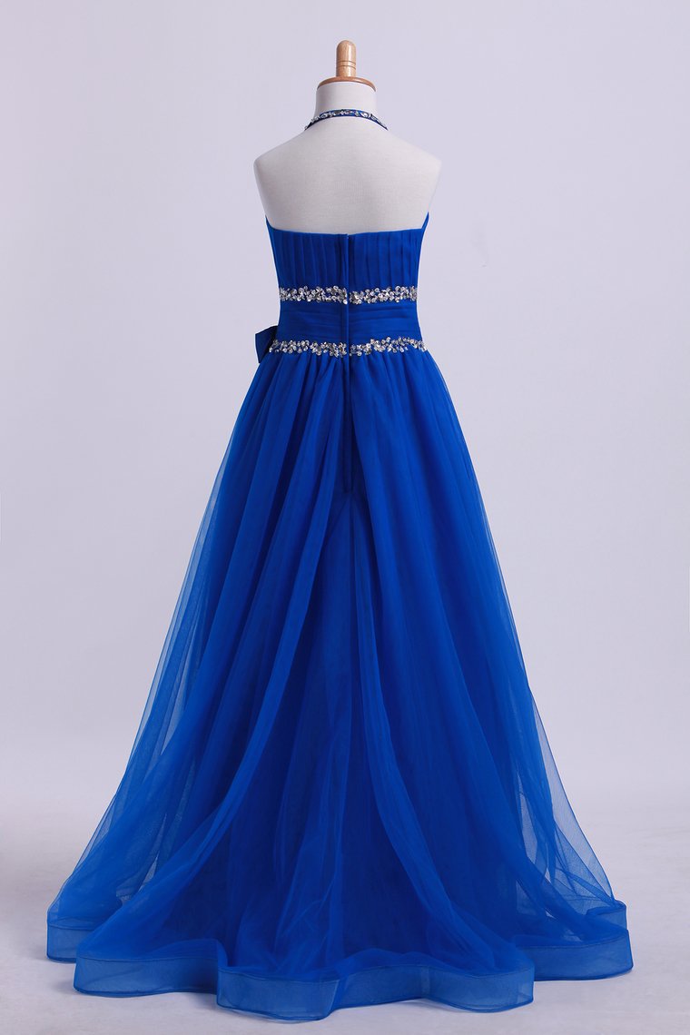 2024 Dark Royal Blue Halter A Line High Low Flower Girl Dresses Beaded Tulle