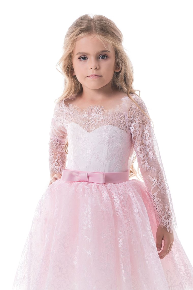 2024 Flower Girl Dresses A Line Boat Neck Long Sleeves Lace Short/Mini