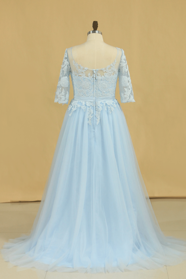 Mother Of The Bride Dresses A Line Bateau Tulle With Applique And Sash Sweep Train Plus Size Light Sky Blue