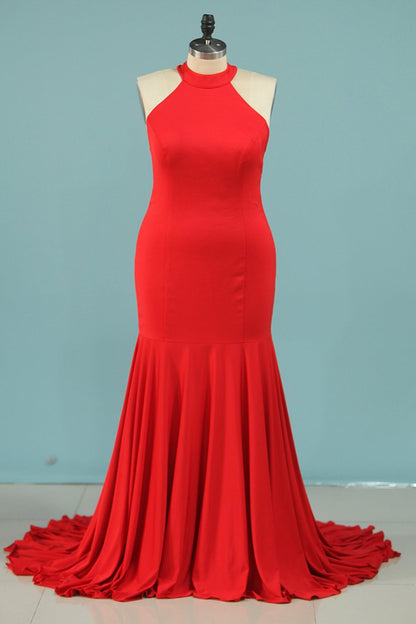 2024 Plus Size Evening Dresses Mermaid High Neck Spandex Sweep Train