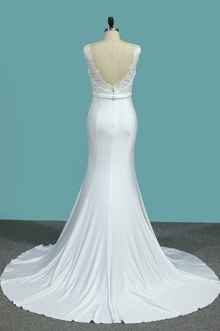 2024 V Neck Open Back Spandex Wedding Dresses With Applique Mermaid