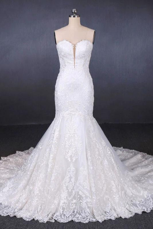 Charming Strapless Sweetheart Mermaid Lace Appliques White Wedding Dresses SRS15128