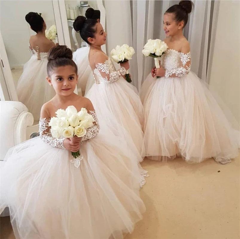 Ball Gown Long Sleeve Tulle Appliques Flower Girl Dresses with Bowknot, Baby Dresses SJS15560